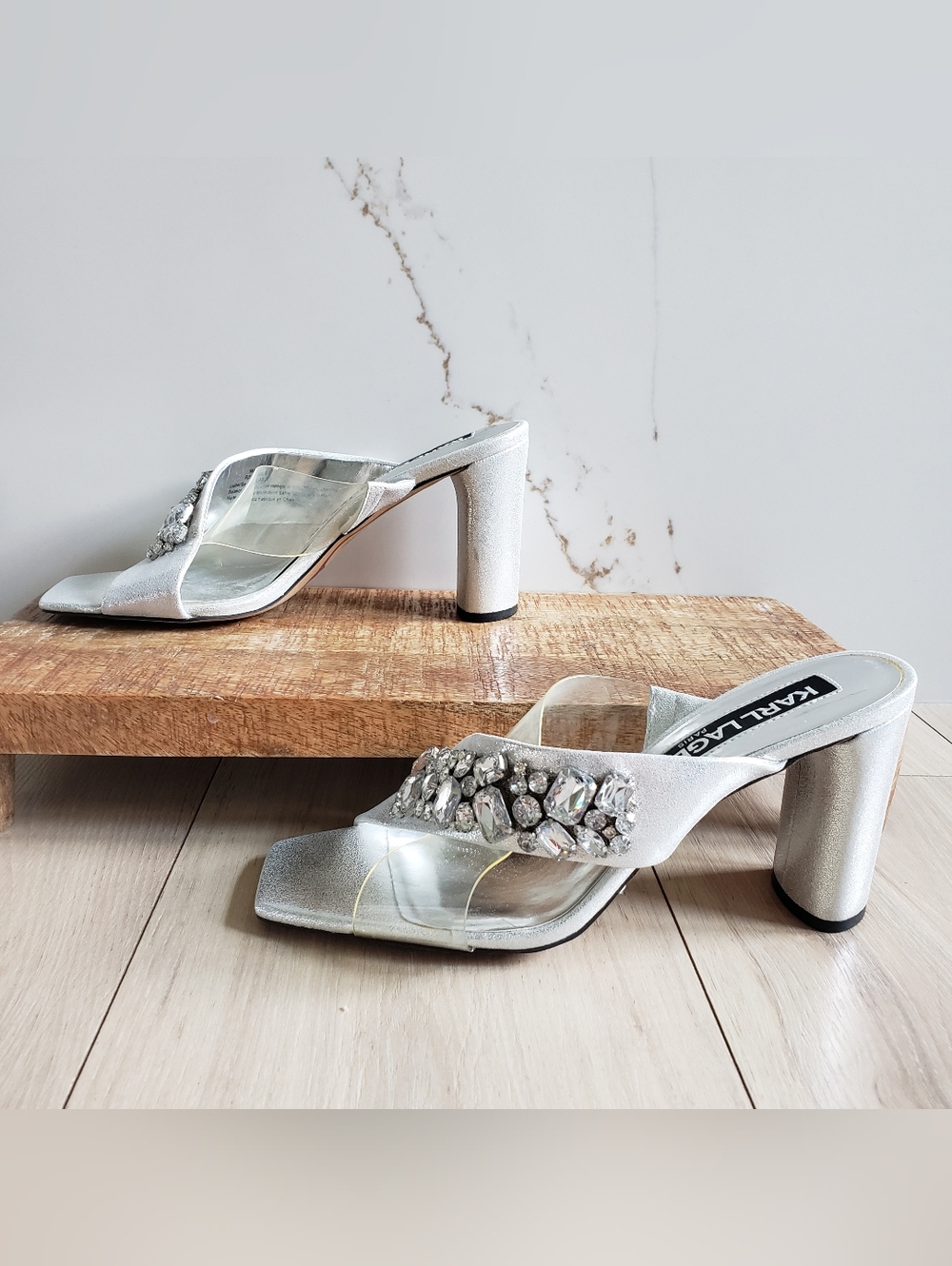 Karl Lagerfeld Silver Embellished Block Heel Sandals